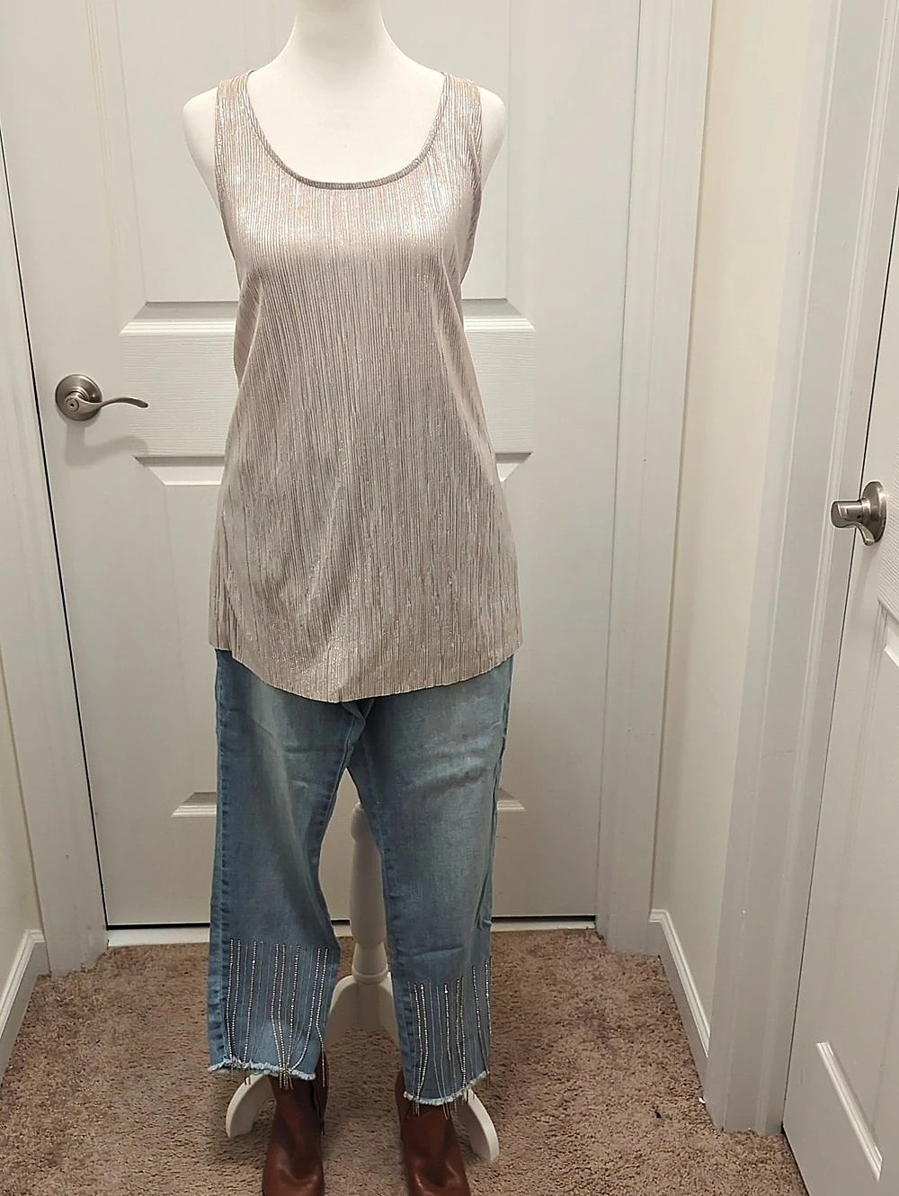 Simplistic Chic Pleated Racerback Tank Top in Silvery Shimmer Beige. Like New